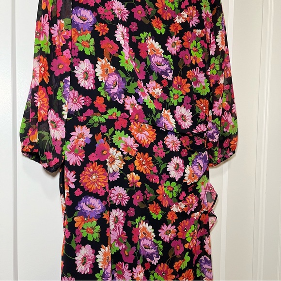 MARELLA - Deep Fuchsia - Floral Ruffle - Long-Sleeve Dress - Women’s 10 - Picture 8 of 11